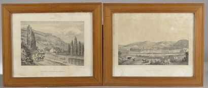 null Deux gravures figurant la ville de Besançon et leur cadre en pitchpin (un verre...