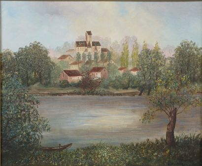 null Ensemble de trois huiles sur toiles :

- Lucien DONDAINE (XXe siècle).

Village.

Huile...
