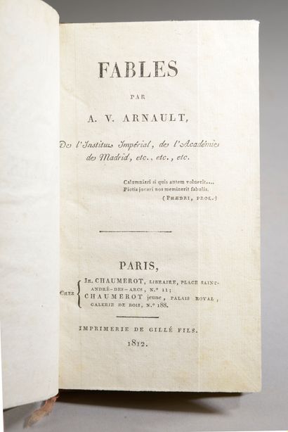 null ARNAULT, Fables, Paris, Chaumerot, 1812.

In-12. Illustré d'une intéressante...