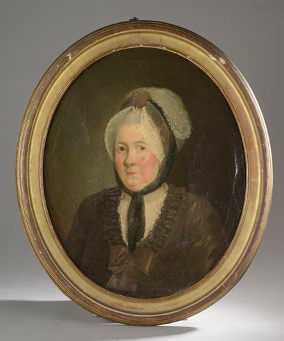 null École française du XIXe siècle.

Portrait de femme au bonnet de dentelle.

Huile...
