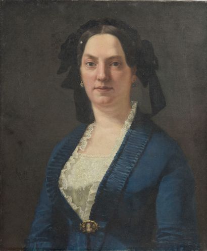 null École française du XIXe siècle.

Portrait de femme en robe bleue.

Huile sur...