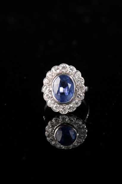 null Daisy ring in platinum 850 thousandths decorated with a facetted blue lavender...