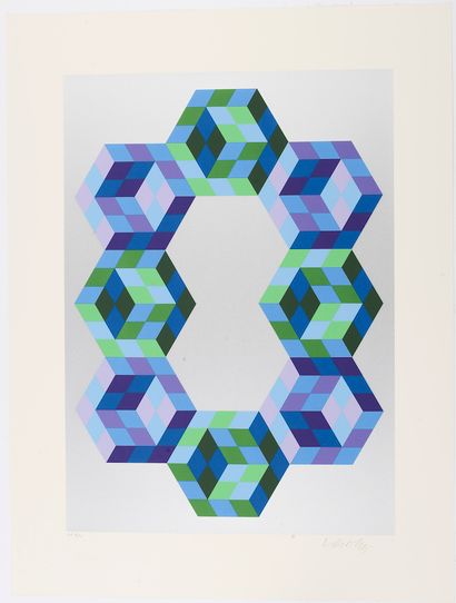 null 
Victor VASARELY (1908-1997).




Cubes verts et bleus sur fond argenté.




Sérigraphie...