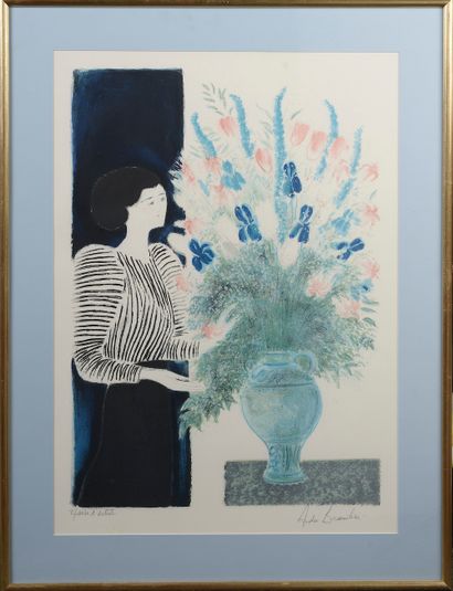 null 
André BRASILIER (born in 1929).




Woman with a bunch of flowers.




Lithograph...