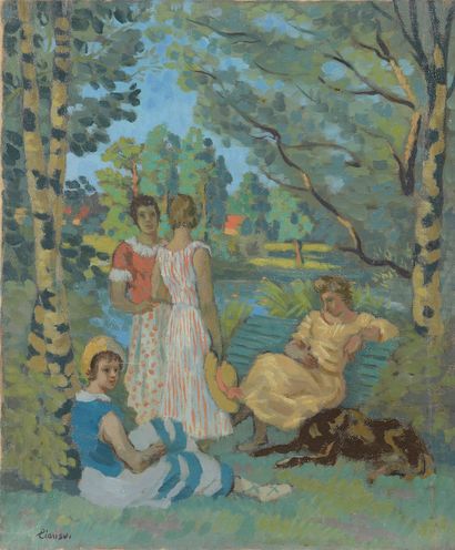  Camille LIAUSU (1894-1975). 
Conversation devant l'étang. 
Huile sur toile signée...