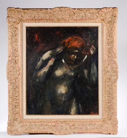 null 
Adolphe PETERELLE (1874-1947).




Female nude adorning herself. 




Oil on...