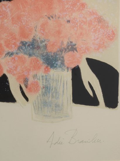 null 
André BRASILIER (born in 1929).




Young woman with a bunch of pink flowers.




Lithograph...