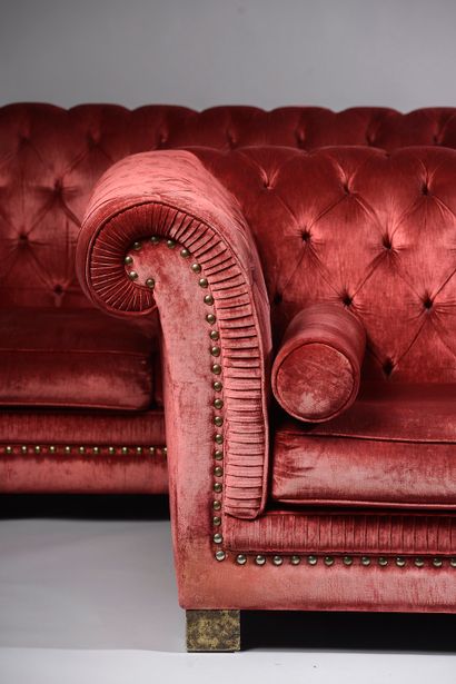 null 
Pair of Chesterfield type sofas in raspberry velvet upholstered and studded...