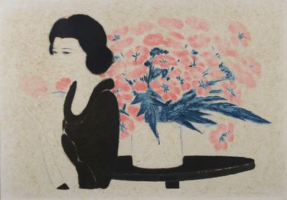 null 
André BRASILIER (born in 1929).




Woman in front of a bouquet of pink flowers.




Lithograph...