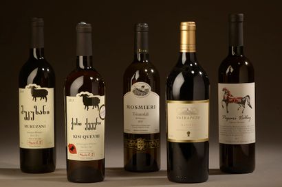 null 5 bouteilles VINS GÉORGIENS (2 rouges, Saperavi Mukuzani; 3 blancs : Tsinandali...