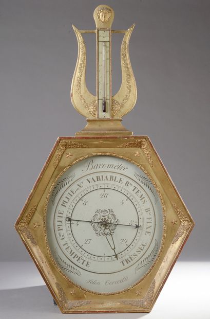 null Barometer-thermometer in carved wood, decorated with palmettes, flowers, scrolls...