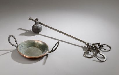 null Set including a wrought iron grain bag scale and a copper cup with important...
