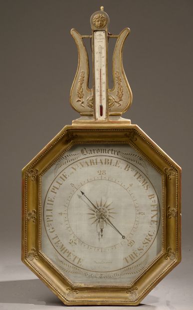 null Barometer carved, stuccoed and gilded according to Toricelli in a hexagonal...