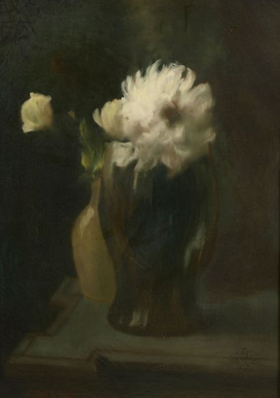 null Henri Julien DUMONT (1859-1921). 

 Two vases of white flowers.

Oil on canvas...