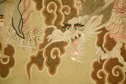 null CHINA - 19th century. 

Silk and cotton embroidery panel showing a koto player...