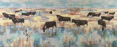 null Robert DEBIEVE (1926-1994). 

 "La Camargue".

Print on fabric signed in the...
