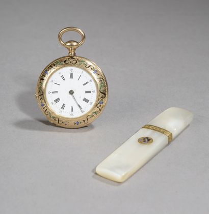 null 18k yellow gold collar watch, the case engraved, guilloché, with enamelled decoration...