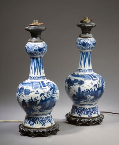null DELFT. 

Pair of earthenware bottle lamps with blue cameo decoration of landscapes...