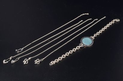 null Silver bracelet decorated with a circular plate of sky blue hard stone.

Length...
