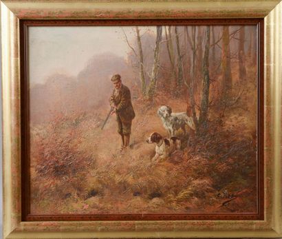 null Eugène PETIT (1839-1886). 

 Hunter accompanied by his two dogs.

Oil on canvas...