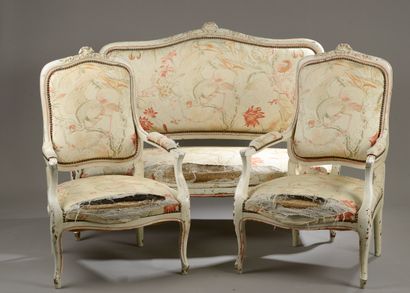 null Moulded and carved wooden furniture, lacquered cream and orange rechampi including...