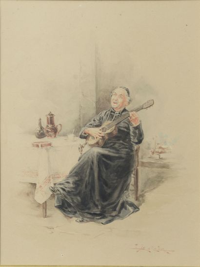 null School of the beginning of the XXth century. 

Priest with a guitar.

Watercolour...