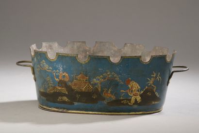 null Blue lacquered sheet metal canopy with gold decoration of characters and pagodas...