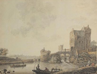 David Alphonse DE SANDOZ-ROLLIN (1740-1809) Fortification au bord d'une rivière animée...