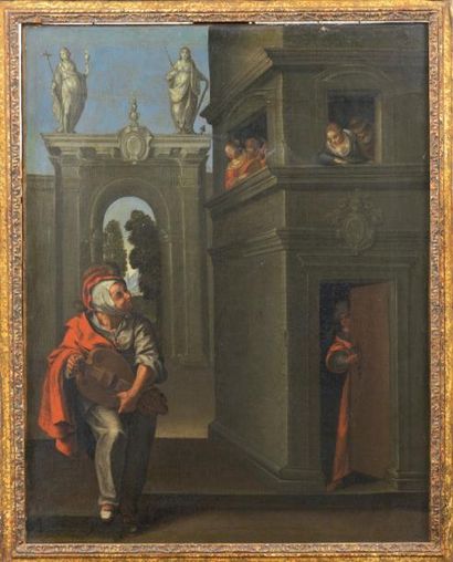 École Flamande du XVIIème siècle La sérénade Huile sur toile (rentoilée, restaurations)...
