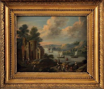 École Flamande du XVIIIème siècle Paysage fluvial animé de personnages Huile sur...