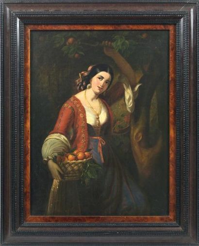 École Italienne du XIXème siècle Jeune femme au panier d'orange Huile sur toile Haut.:...