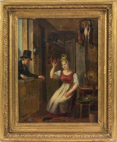 Entourage de Martin DROLLING, XIXème siècle Femme dans un intérieur, un homme à la...