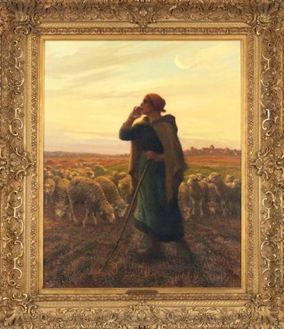 Aimé PERRET (Lyon, 1847-1927) Bergère et ses moutons Huile sur toile, signée en bas...