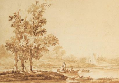 École Flamande du XVIIIème siècle Personnages dans une barque sur un étang Pierre...