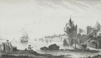  French school of the 18th century. The port with the fortified tower. Indian ink...