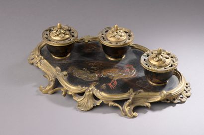 null A black lacquer three-cup inkwell with polychrome decoration of a farmyard scene....