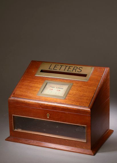 null Mahogany mailbox, the top with sloping flap applied with a brass plate captioned...
