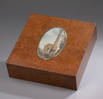  A maple veneer case, the lid decorated with an oval miniature representing ancient...