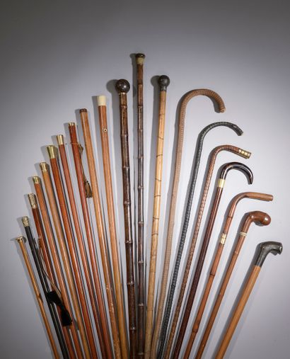  Set of twenty canes in various woods (including Malacca rush), five with gold knobs,...