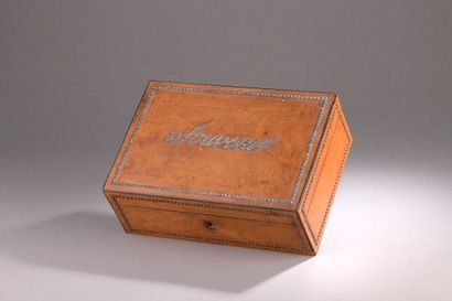  A moiré fruitwood veneer "souvenir" box, the edges stitched with steel points (the...