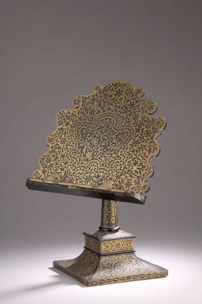  A brass and blackened wood "Boulle" marquetry lectern decorated with scrolls of...