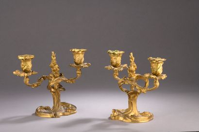 null A pair of chased and gilt bronze torches with two sinuous foliated arms.

Rocaille...