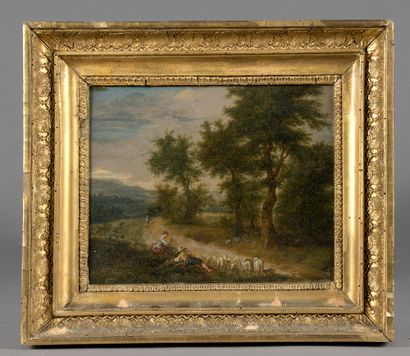  French school of the late 18th or early 19th century. Pastoral scene. Oil on panel...