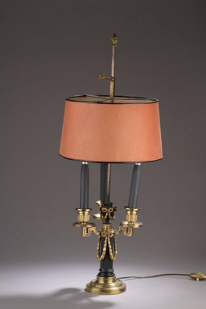  Black and gilt patinated bronze hot water bottle lamp, with three lights, the shade...