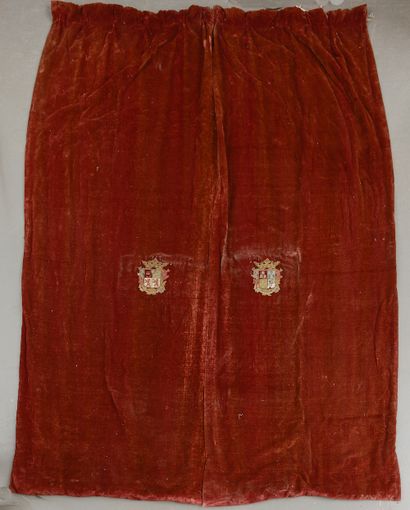 null Pair of crimson red velvet curtains with crowned coat of arms (minor wear)....