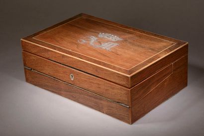  Writing case in rosewood veneer and light wood fillets, the lid applied with the...
