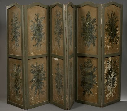  Screen with six leaves stretched with canvas painted with gallant scenes in blue...