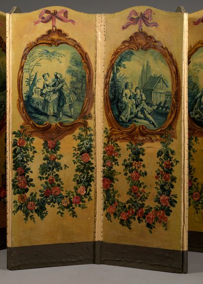 null Screen with six leaves stretched with canvas painted with gallant scenes in...