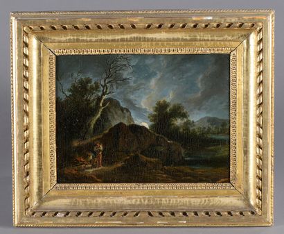 null Attributed to Louis Philippe CREPIN (1772 - 1851). 

 Night camp.

Oil on oak...