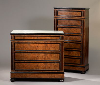 null 
Secretary and chest of drawers in burr veneer in blackened wood frames, the...